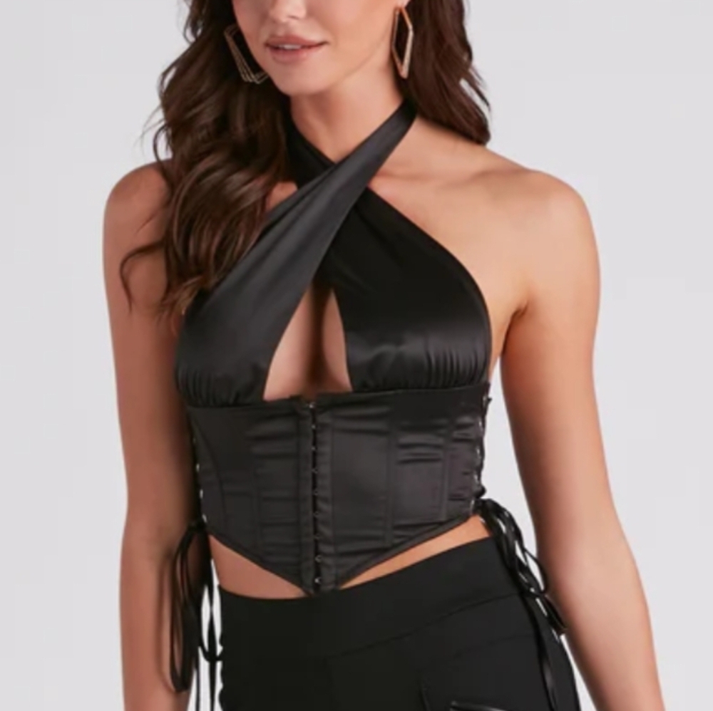 Halter Tie Babydoll Corset Plunging Neckline Top Fairy Whimsigoth Black Womens L